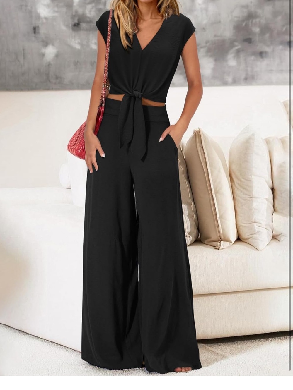 Women's Black Wide-Leg 2 piece set - Picture 3 of 7
